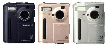 Fuji FinePix black, gold and silver digital cameras